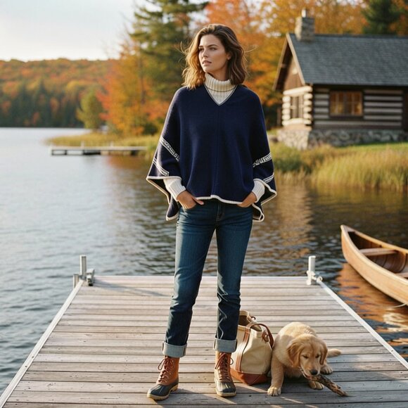 In2Green Jackets & Blazers - In2Green Womens Navy Tan Recycled Cotton Knit Poncho Belt Print Wrap Cape USA